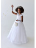 Beaded White Lace Tulle V Back Flower Girl Dress